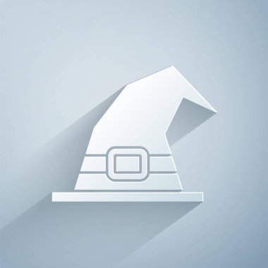 Kağıt kesiği cadı şapkası simgesi gri arkaplanda izole edilmiş. Mutlu Cadılar Bayramı Partisi. Kağıt sanatı tarzı. Vektör İllüstrasyonu