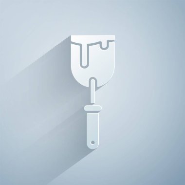 Kağıt kesiği, gri arkaplanda izole edilmiş macun bıçağı ikonu. Spatula tamir aleti. Yağma ya da boya aletleri. Kağıt sanatı tarzı. Vektör İllüstrasyonu