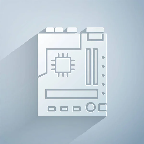 Pappersklipp Elektroniska datorkomponenter moderkort digitalt chip integrerad vetenskap ikon isolerad på grå bakgrund. Kretskort. Papperskonst. Vektor Illustration — Stock vektor