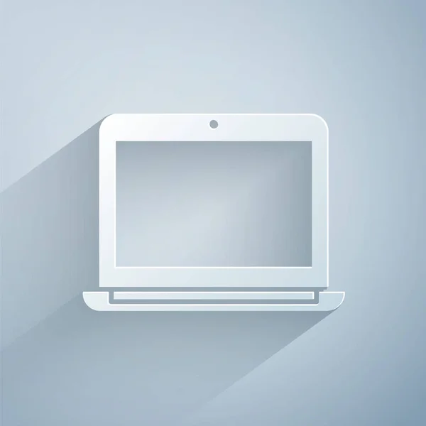 Papiergeschnittenes Laptop-Symbol isoliert auf grauem Hintergrund. Computer-Notizbuch mit leerem Bildschirm. Papierkunst. Vektorillustration — Stockvektor