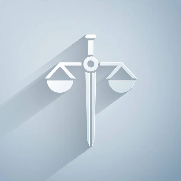 Paper cut Scales of justice icon isolated on grey background. Court of law symbol. Balance scale sign. Paper art style. Vector Illustration — Stock Vector