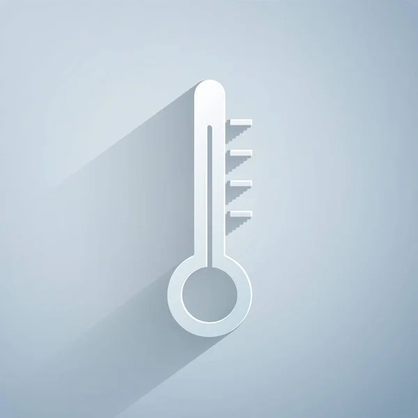 Paper cut Meteorology thermometer measuring icon isolated on grey background. Peralatan termometer menunjukkan cuaca panas atau dingin. Gaya seni kertas. Ilustrasi Vektor - Stok Vektor
