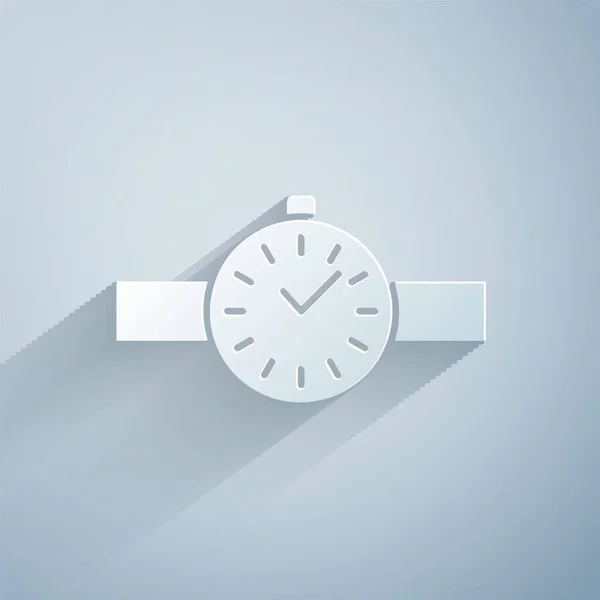 Corte de papel Icono del reloj de muñeca aislado sobre fondo gris. Icono del reloj de pulsera. Estilo de arte de papel. Ilustración vectorial — Vector de stock