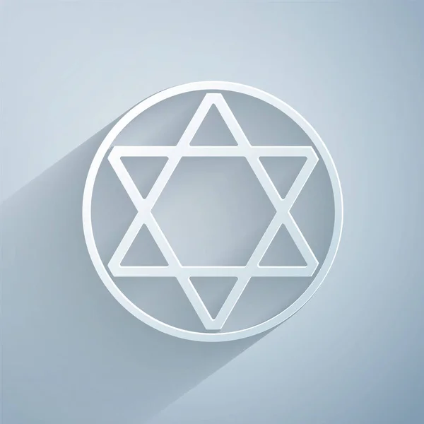 Χάρτινη κοπή Εικονίδιο αστεριού του Δαβίδ απομονωμένο σε γκρι φόντο. Εβραϊκό θρησκευτικό σύμβολο. Σύμβολο του Ισραήλ. Στυλ χάρτινης τέχνης. Εικονογράφηση διανύσματος — Διανυσματικό Αρχείο