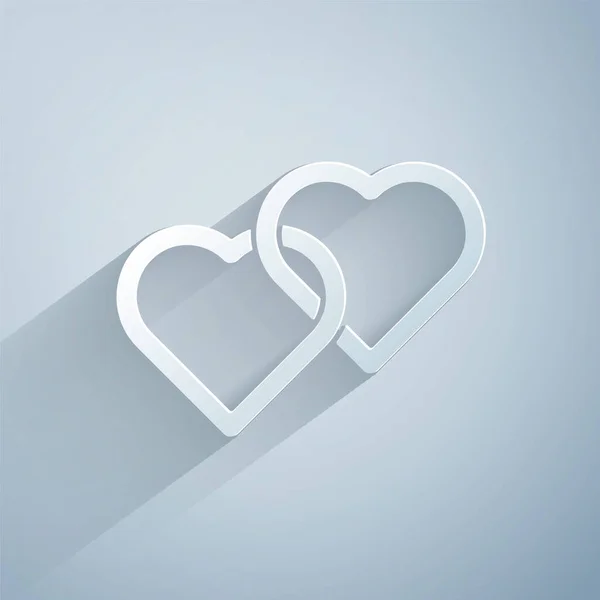 Papier découpé icône Two Linked Hearts isolé sur fond gris. Symbole romantique lié, joindre, passion et mariage. Joyeuse journée des femmes. Style art du papier. Illustration vectorielle — Image vectorielle