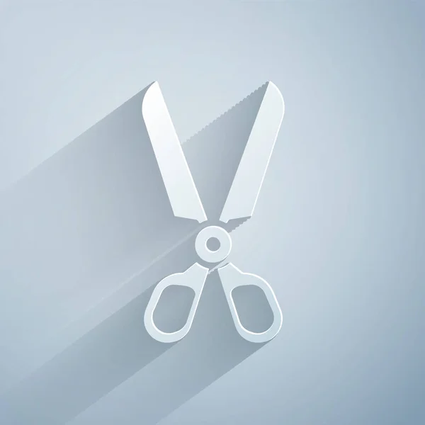 Иконка "Ножницы" вырезана из бумаги на сером фоне. Знак режущего инструмента. Бумажный стиль. Векторная миграция — стоковый вектор