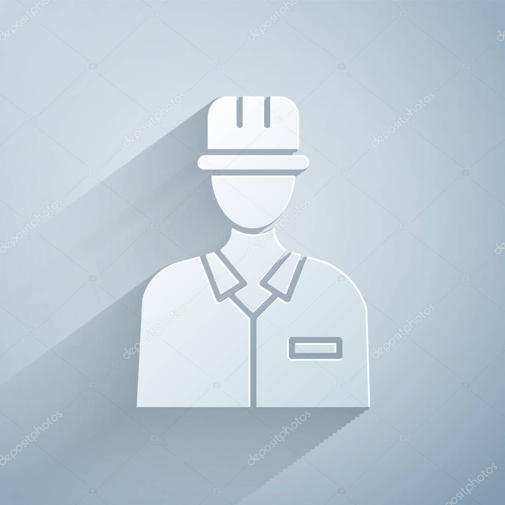 Paper cut Oilman icon isolated on grey background. Paper art style. Vector Illustration