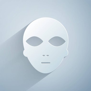 Kağıt, gri arka planda yalıtılmış Alien simgesini kesti. Dünya dışı uzaylı yüzü veya baş sembolü. Kağıt sanat tarzı. Vektör İllüstrasyonu