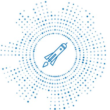 Beyaz zemin üzerinde ateş ikonu olan mavi çizgi roket gemisi. Uzay yolculuğu. Soyut çember rastgele noktalar. Vektör İllüstrasyonu