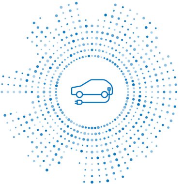 Mavi hat elektrikli araba ve elektrik kablosu şarj ikonu beyaz arka planda izole edildi. Yenilenebilir ekolojik teknolojiler. Soyut çember rastgele noktalar. Vektör İllüstrasyonu