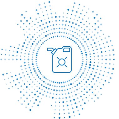 Beyaz arka planda izole edilmiş motor makine yağı ikonu için mavi çizgi kutusu. Benzin bidonu. Yağ değiştirme ve onarım servisi. Motor yağı işareti. Soyut çember rastgele noktalar. Vektör İllüstrasyonu