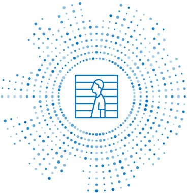 Mavi çizgi. Şüpheli suçlu simgesi beyaz arka planda izole edildi. Hapishanedeki suçlu, yönetim kurulunun yanında şüpheli. Soyut çember rastgele noktalar. Vektör İllüstrasyonu