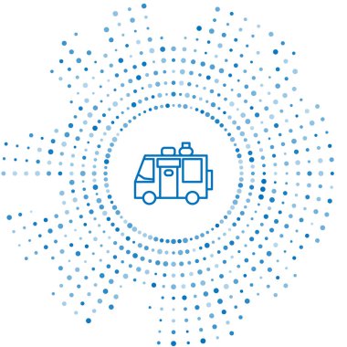 Mavi çizgi Rv Kamp karavanı simgesi beyaz arkaplanda izole edildi. Gezici ev, karavan, yolculuk için ev karavanı. Soyut çember rastgele noktalar. Vektör İllüstrasyonu