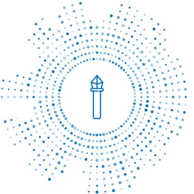 Mavi çizgi sihirli asa simgesi beyaz arkaplanda izole edildi. Sihirli değnek, asa, değnek, değnek. Soyut çember rastgele noktalar. Vektör İllüstrasyonu