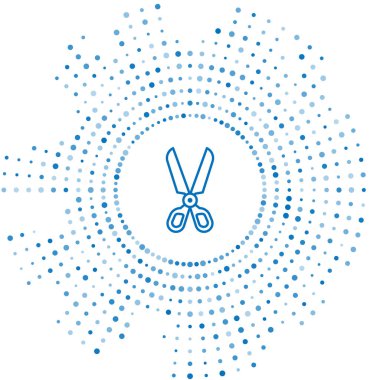 Mavi çizgi makas simgesi beyaz arkaplanda izole edildi. Alet kesme işareti. Soyut çember rastgele noktalar. Vektör İllüstrasyonu