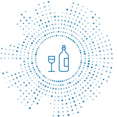 Beyaz arka planda şarap kadehi ikonu olan mavi çizgi şarap şişesi. Mutlu Paskalyalar. Soyut çember rastgele noktalar. Vektör İllüstrasyonu