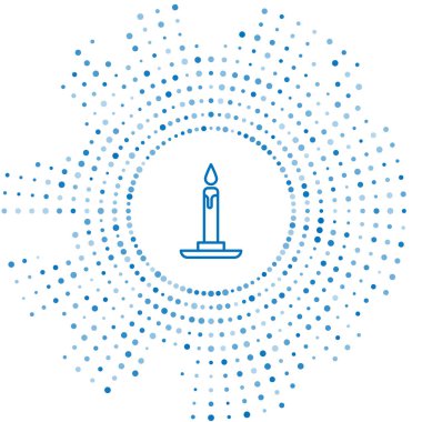 Mavi çizgi, mum yakma simgesi beyaz arkaplanda izole edilmiş. Silindirik mum çubuğu ve yanan ateş. Soyut çember rastgele noktalar. Vektör İllüstrasyonu