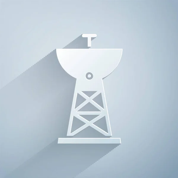 Corte de papel Icono parabólica aislado sobre fondo gris. Antena de radio, astronomía e investigación espacial. Estilo de arte de papel. Ilustración vectorial — Vector de stock