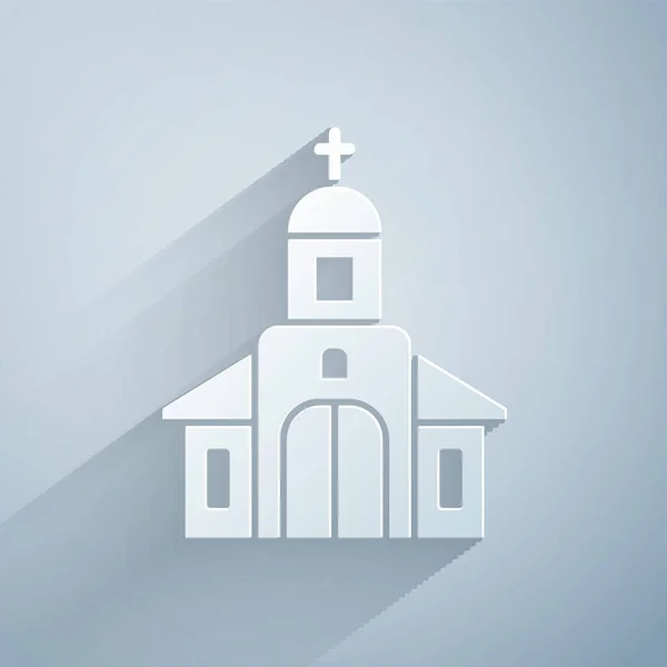 Paper cut Church building icon isolated on grey background. Christian Church. Religion of church. Paper art style. Vector Illustration — Stock Vector