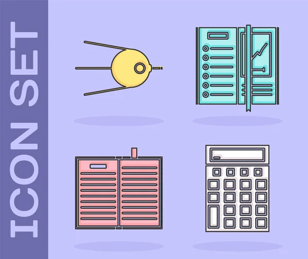 Establecer calculadora, satélite, libro de ciencias abiertas y el icono del cuaderno. Vector — Archivo Imágenes Vectoriales