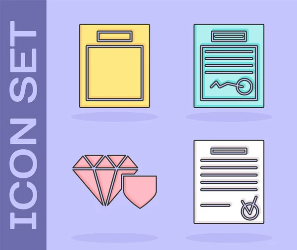 Set Confirmed document and check mark, Empty form, Diamond with shield and Filled form icon. Vector — Stock Vector