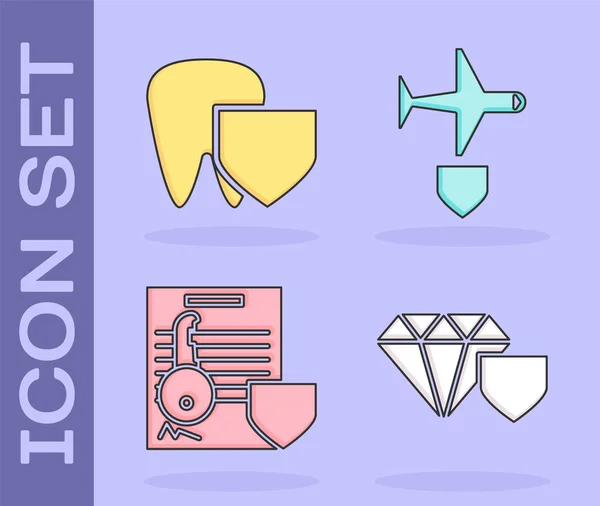 Set Diamond with shield, Tooth with shield, Document with key with shield and Plane with shield icon. Vector — Stock Vector