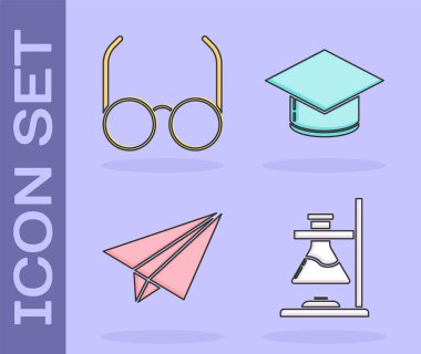 Cam test tüpünü, gözlüğü, kağıt uçağı ve mezuniyet şapkası ikonunu ateşe verin. Vektör