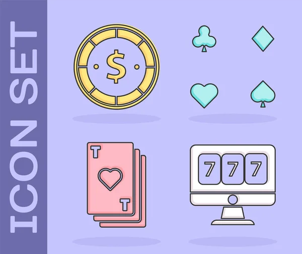 Set machine à sous en ligne avec chanceux sept jackpot, Casino puce avec dollar, Jouer à la carte avec le cœur et Jouer des cartes icône. Vecteur — Image vectorielle