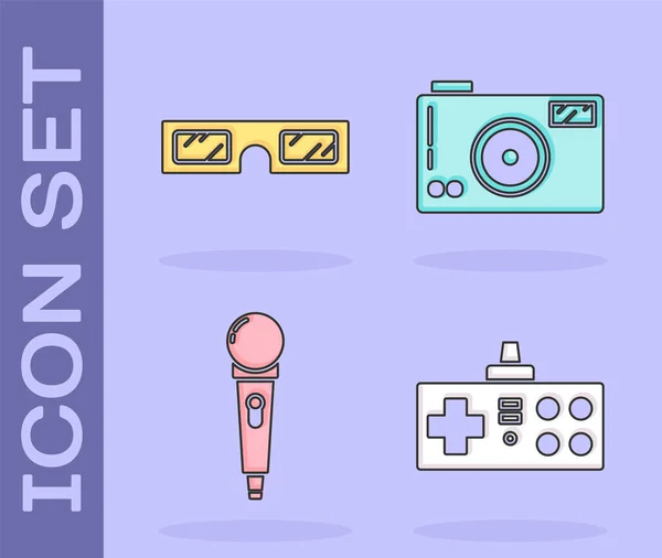 Conjunto Gamepad, gafas de cine 3D, micrófono y el icono de la cámara de fotos. Vector — Vector de stock