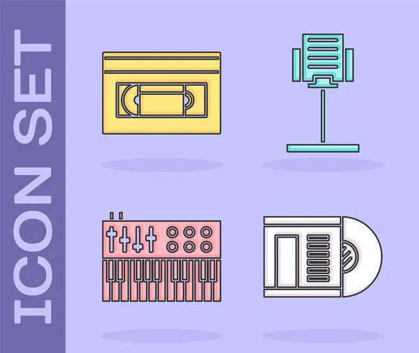 Set Vinyl disk, VHS video cassette tape, Music synthesizer and Music stand icon. Vector