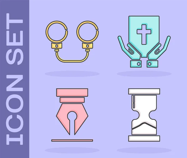 Set Old hourglass, Handcuffs, Fountain pen nib and Oath on the Holy Bible icon. Vector — Stock Vector
