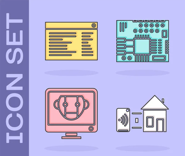 Set Smart home, Software, web developer programming code, Bot and Printed circuit board PCB icon. Vector — Stock Vector