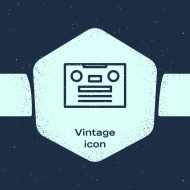 Grunge hattı Retro ses kaset ikonu mavi arkaplanda izole edildi. Tek renkli klasik çizim. Vektör İllüstrasyonu