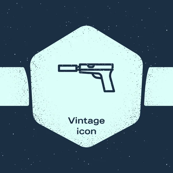Grunge linka pistole nebo pistole s ikonou tlumiče izolované na modrém pozadí. Černobílý vinobraní. Vektorová ilustrace — Stockový vektor
