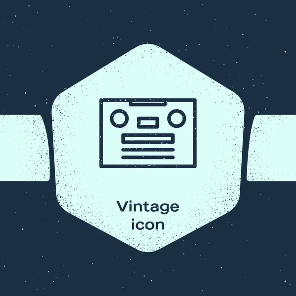 Grunge lijn Retro audio cassette tape icoon geïsoleerd op blauwe achtergrond. Monochrome vintage tekening. Vector Illustratie — Stockvector