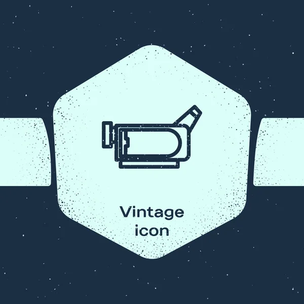 Línea Grunge Icono de cámara de cine aislado sobre fondo azul. Videocámara. Signo de película. Proyector de cine. Dibujo vintage monocromo. Ilustración vectorial — Archivo Imágenes Vectoriales