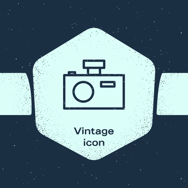 Grunge Line Fotokamera-Symbol isoliert auf blauem Hintergrund. Foto-Kamera-Ikone. Monochrome Vintage-Zeichnung. Vektorillustration — Stockvektor