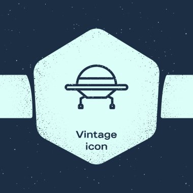 Grunge hattı Ufo uçan uzay gemisi simgesi mavi arka planda izole edildi. Uçan daire. Uzaylı uzay gemisi. Gelecekteki bilinmeyen uçan nesne. Tek renkli klasik çizim. Vektör İllüstrasyonu