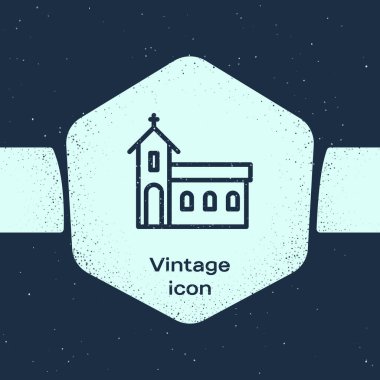 Grunge hattı Kilise bina simgesi mavi arka plan üzerinde izole. Hıristiyan Kilisesi. Kilise dini. Tek renkli vintage çizim. Vektör İllüstrasyonu