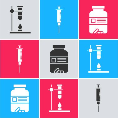 Cam test tüpünü ısıtıcıya, şırıngaya, ilaç şişesine ve ilaç ikonuna ayarlayın. Vektör