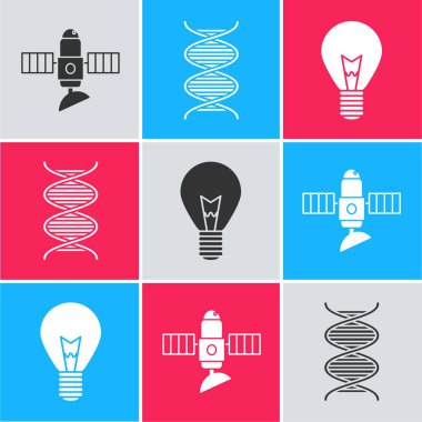 Uydu, DNA sembolü ve fikir ikonuna sahip ampulü ayarla. Vektör