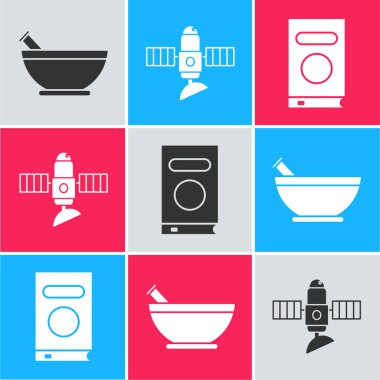 Havan topu ve tokmak, Uydu ve Kitap simgesi. Vektör