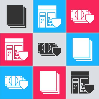 Temiz kağıt, kalkanlı alışveriş binası ve kalkan ikonlu para ayarlayın. Vektör