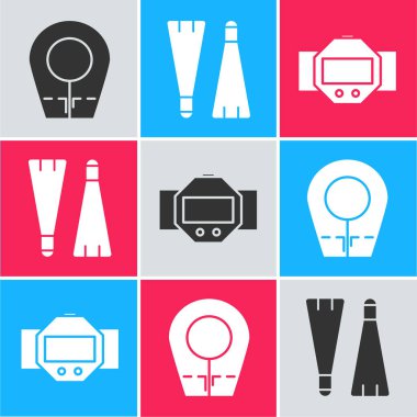 Dalış kaputu, yüzme ve dalış ikonu için lastik yüzgeçler. Vektör