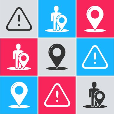 Ünlem işaretini üçgene, Harita işaretleyicisini bir kişinin silueti ve Harita iğne simgesi ile ayarla. Vektör
