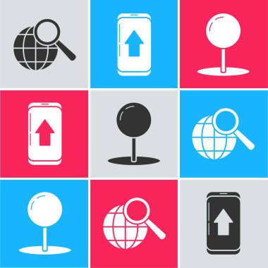 Büyüteçle dünyayı, şehir haritasının bilgilerini ve pin simgesini ayarla. Vektör