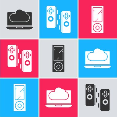 Bulut teknolojisi veri aktarımı ve depolama, Gamepad ve Müzik çalar simgesini ayarla. Vektör