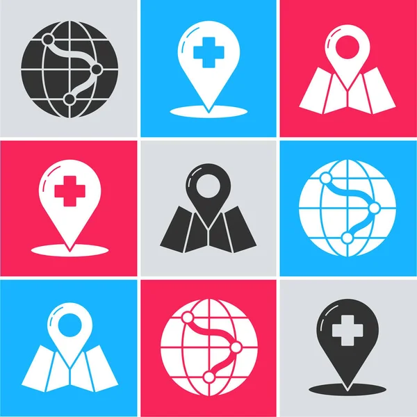 Establecer Ubicación Mundo Médico Mapa Puntero Con Hospital Cruzado Mapa — Vector de stock