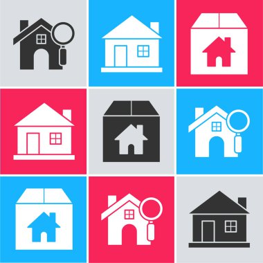 Arama evini, House 'u ve karton kutucuğu ev simgesiyle ayarla. Vektör