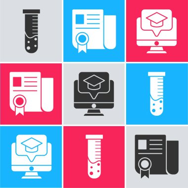 Test tüpünü ve matara kimya laboratuvarını, sertifika şablonunu ve mezuniyet şapkası simgesiyle monitörü ayarla. Vektör